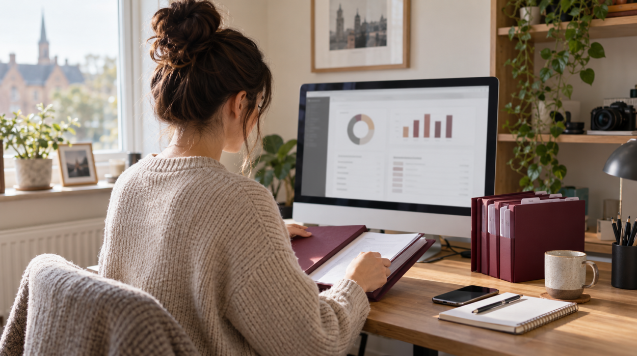 UK content creator organising monthly bookkeeping and tax records