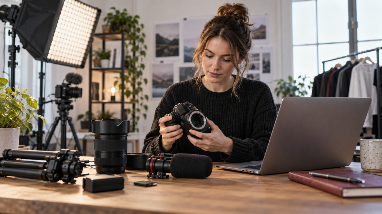 UK content creator checking cameras and production equipment for tax records