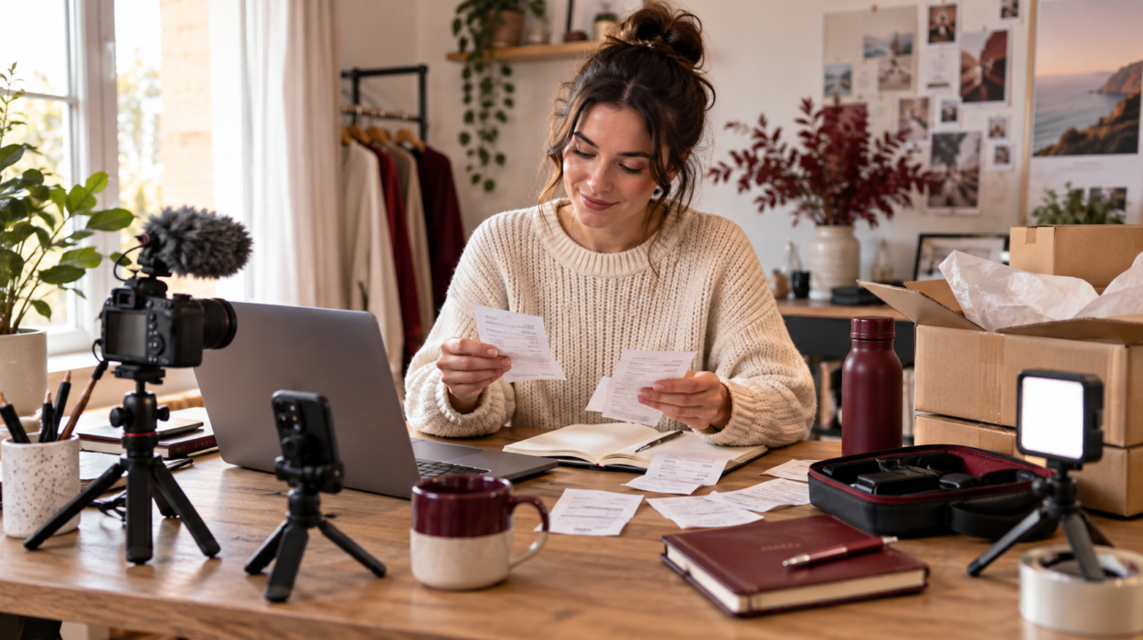 UK content creator organising receipts and equipment for deductible expenses