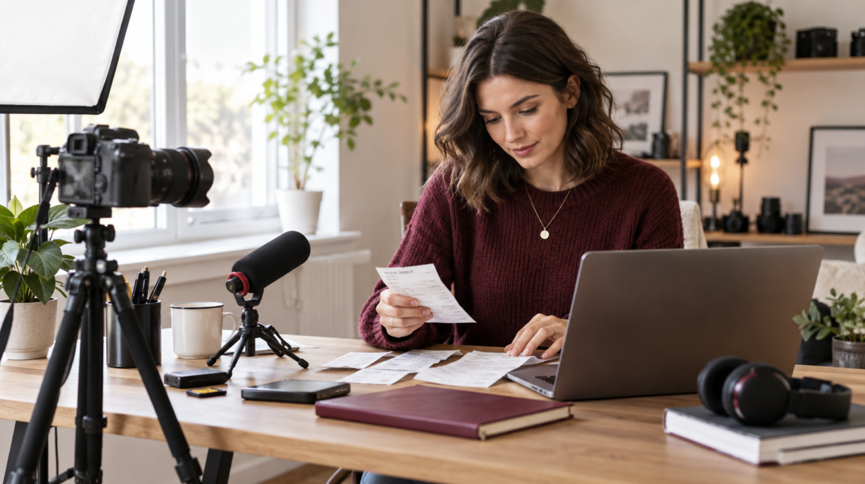UK video creator reviewing receipts beside camera and recording equipment