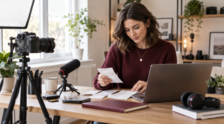 UK video creator reviewing receipts beside camera and recording equipment