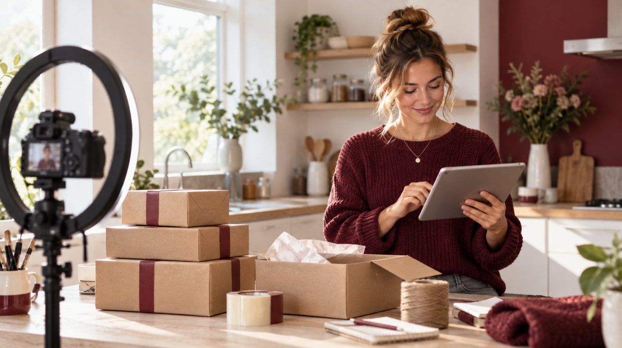 UK influencer reviewing online sales records and customer orders