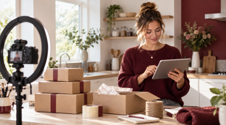 UK influencer reviewing online sales records and customer orders