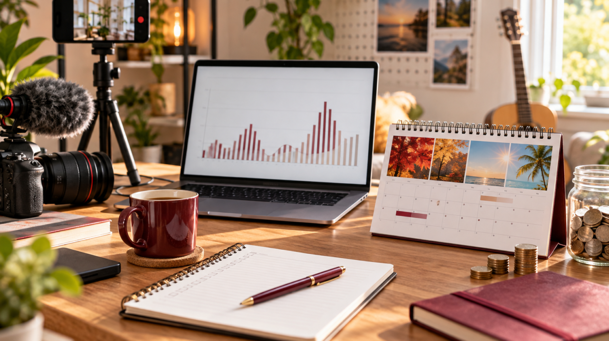 Content creator workspace with a camera, income chart, seasonal calendar and tax savings jar