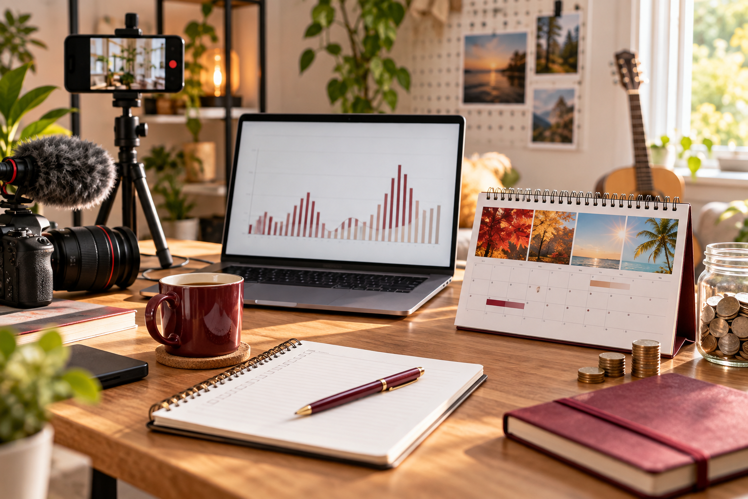 Content creator workspace with a camera, income chart, seasonal calendar and tax savings jar